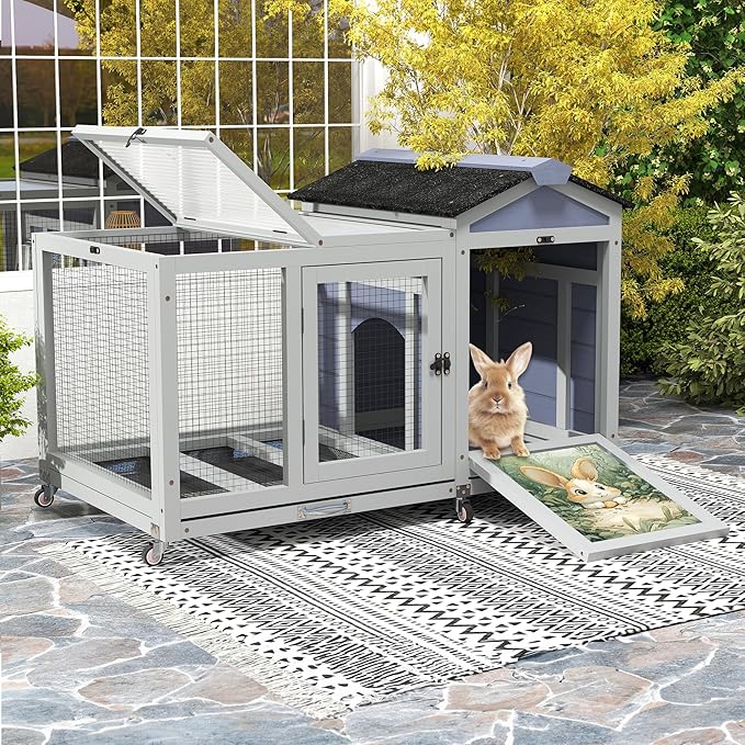 COZIWOW 39inches Assembled Wood Rabbit Hutch Indoor，Wide Space Small Animal Houses with Removable Tray&Safety Lock，Bunny Cage with Waterproof Roof&Solar Panels (Grey with Pattern)-PawvioPets