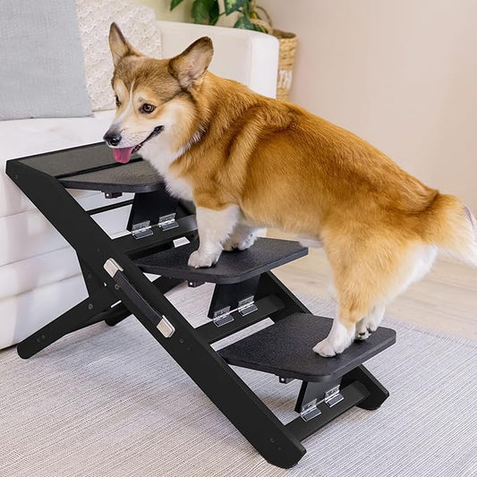 Dog Steps for Bed & Couch 2-in-1 Dog Stairs/Ramp - Height Adjustable Dog Ramp for Couch 7” - 20” - Pet Stairs, Dog Stairs for Small Dogs - Easy to Move Pet Steps with Landing Platform, Black-PawvioPets