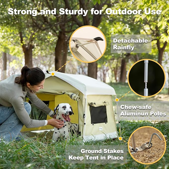 Dog Tent Cotton Fabric, Aluminum Poles and Camping Mat, Outdoor Weatherproof, Dog House Outdoor, Breathable with 2 Side Windows, Portable and Collapsible (Green, Large)-PawvioPets