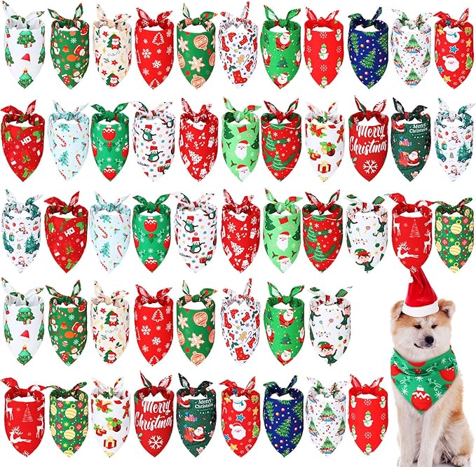 Abbylike 50 Pieces Christmas Dog Bandanas Bulk Xmas Bandanas for Dogs Triangle Kerchief Bibs Scarf Set for Christmas Pet Costume Accessories Decoration (31.5 x 21.7 x 21.7)-PawvioPets