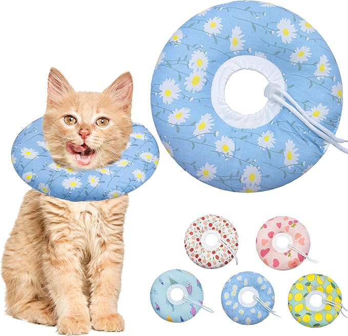 Cat Cone Collar Soft, Adjustable Cat Recovery Collar Kitten Cones to Stop Licking, Cute Donut E Collar After Surgery, Anti-Lick Wound Healing Elizabethan Collar for Kitten (Blue Daisy, Small)-PawvioPets