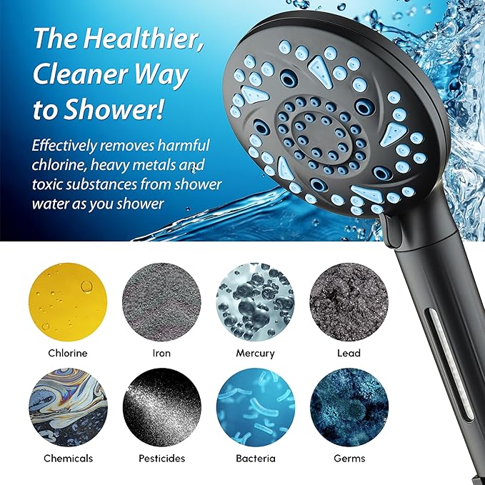 AquaCare High Pressure 10 Spray Mode Filtered Showerhead - Handheld Shower Head Filters Chlorine to Heal Dry Skin, Revive Hair - Dual Power Wash Cleans Tub, Tile, Pets - Hard Water Softener, Black-PawvioPets
