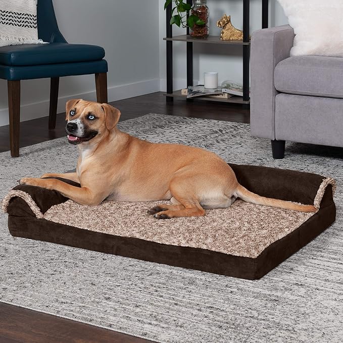 Furhaven Cooling Gel Dog Bed for Large/Medium Dogs w/ Removable Bolsters & Washable Cover, For Dogs Up to 55 lbs - Two-Tone Plush Faux Fur & Suede L Shaped Chaise - Espresso, Large-PawvioPets
