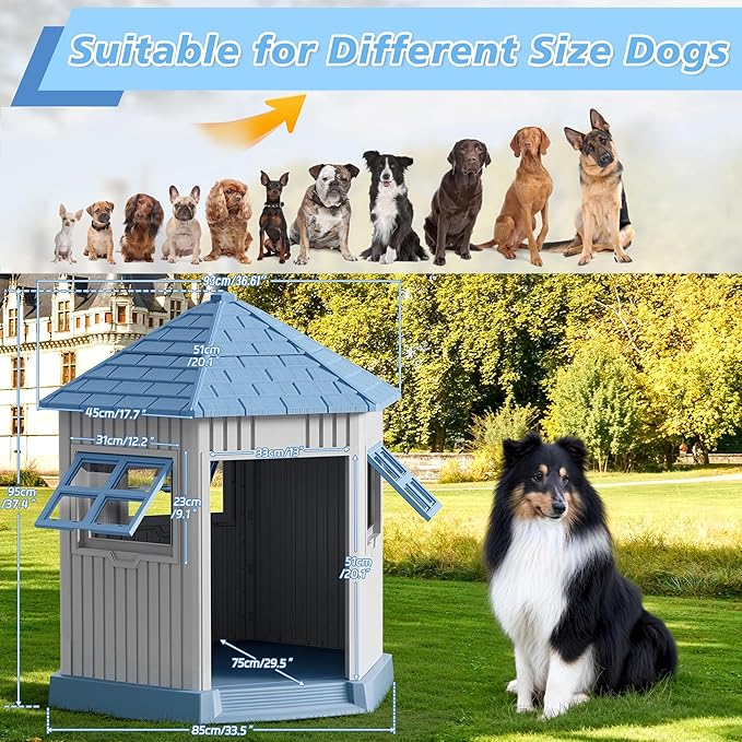 Durable Dog House Indoor Outdoor for Small Medium Dogs, Weatherproof Puppy Shelter with Elevated Floor & Air Vents, Easy Clean and Assemble (Blue, 36.61L*29.5W*37.4H)-PawvioPets