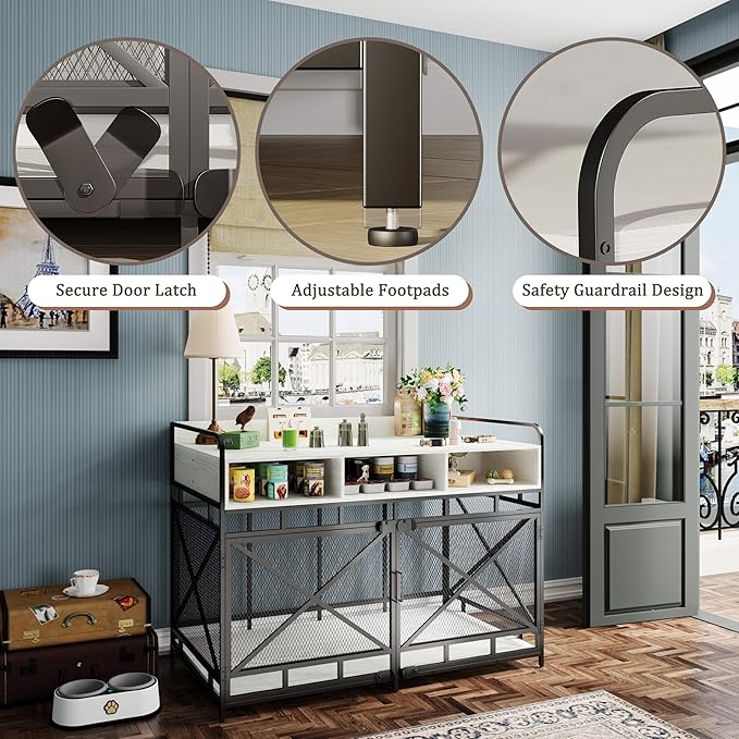 Dog Crate Furniture, 48" Heavy Duty Wooden Dog Crate End Table, XL Dog Kennel Furniture Large Breed, Decorative Dog Kennel Indoor with 3 Drawers & Steel Tube 48"L x28"W x36"H (White and Black)-PawvioPets