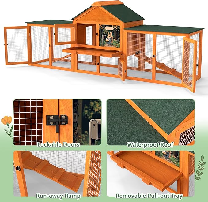 COZIWOW 82” Extra Large Fashion Wooden Outdoor Rabbit Hutch Bunny Cage Indoor Easy to Assemble and Durable with Cleaning Tray & Waterproof Roof for Small & Medium Bunny Rabbit Duck Chick (Orange)-PawvioPets