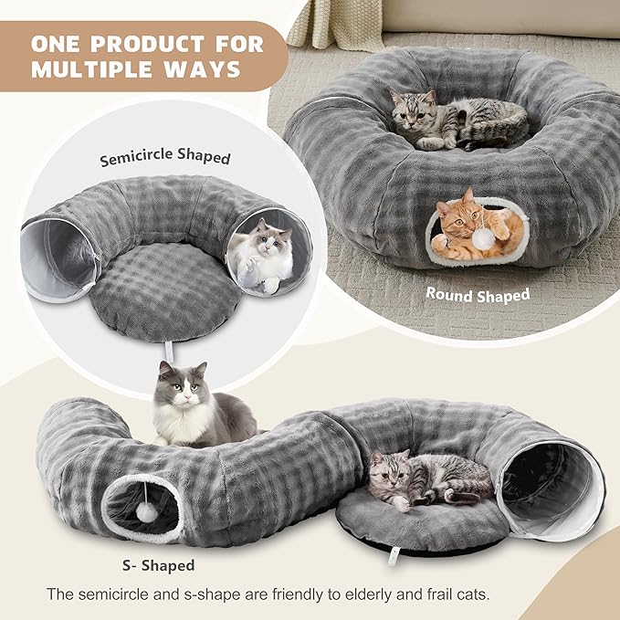 Bubble Cat Tunnel for Indoor Cats, Round Peekaboo Cave Toy with Dangling Balls, Donut Tunnel Bed with Circle Mat for Puppy Kitten Rabbit, Grey-PawvioPets