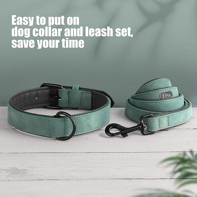 Didog Soft Padded Leather Dog Collar and Leash Set, Adjustable and Breathable Pet Collars with 4FT PU Leather Dog Leash for Small Medium Large Dogs, Green, XL-PawvioPets