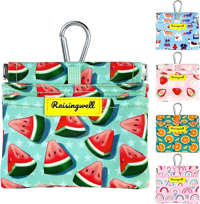Dog Treat Pouch,Cotton Pocket Sized Training Holder, Hand Free Walking Funny Bag with Carabiner, Self-Closing Pet Feed Snack Reward, Behavior Aids for Puppy Travel or Outdoor Use（Watermelon）-PawvioPets