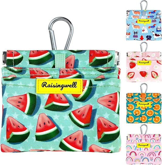 Dog Treat Pouch,Cotton Pocket Sized Training Holder, Hand Free Walking Funny Bag with Carabiner, Self-Closing Pet Feed Snack Reward, Behavior Aids for Puppy Travel or Outdoor Use（Watermelon）-PawvioPets