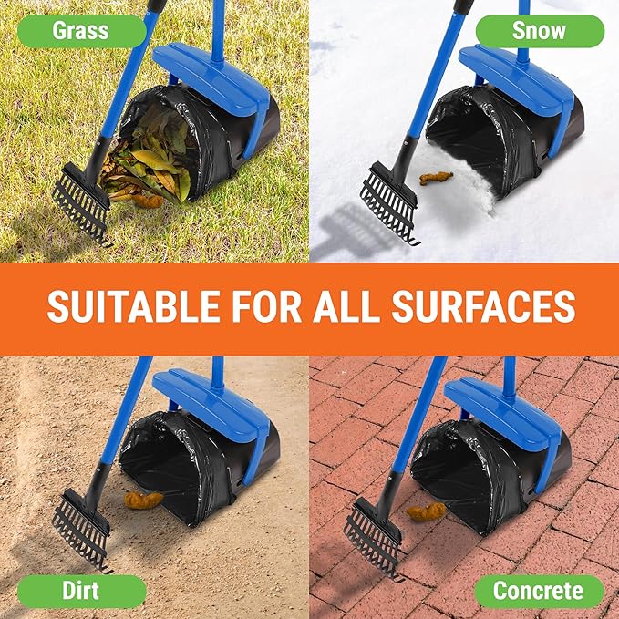 Dog Pooper Scooper with Bag Attachment, 40" Long Handle Pooper Scooper for Large Dogs, Dog Poop Scoop for Yard, Large Capacity Swivel Bin and Rake, Lavender Scented Bags (Blue)-PawvioPets