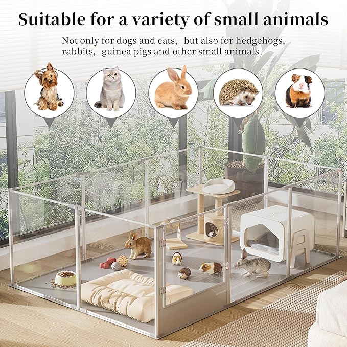 Dog Clear Playpen Fence Kennel: 10Panels Indoor Transparent Whelping Box Pen Cage with Waterproof whelping pad - Extra Long Acrylic Exercise Kennel with Metal Frame for Cats Puppy Rabbits Guinea Pig-PawvioPets