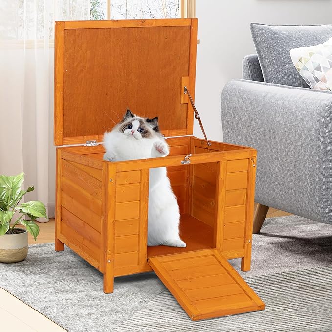COZIWOW 24inches Wooden Catio Outdoor Cat House Small Animal House，Rabbit Hutch Indoor，Stable Weatherproof Bunny Cage Pet Shelter for Small Cat Dog Rabbit Guinea Pig(Orange)-PawvioPets