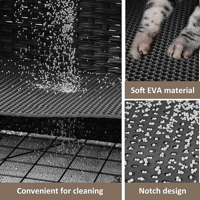 Cat Litter Box Enclosure with Soft Litter Mat; Hidden Cat Washroom Furniture with Door; Handwoven Rattan Cat House with Large Space; Pet Crate for Living Room, Bedroom, Balcony (Black)-PawvioPets