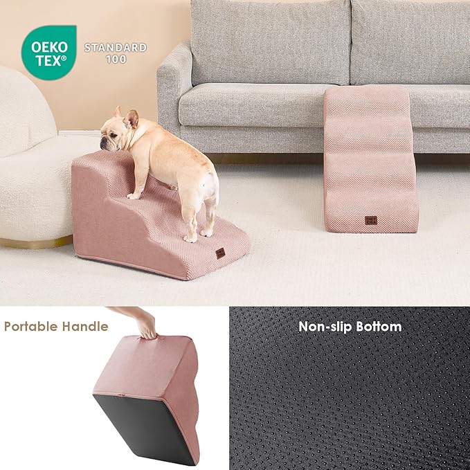 EHEYCIGA Curved Dog Stairs Ramp for High Beds 19.7" H, 4-Step Dog Steps for Small Dogs and Cats, Pet Stairs for High Bed Climbing, Non-Slip Balanced Pet Step Indoor, Dusty Pink-PawvioPets