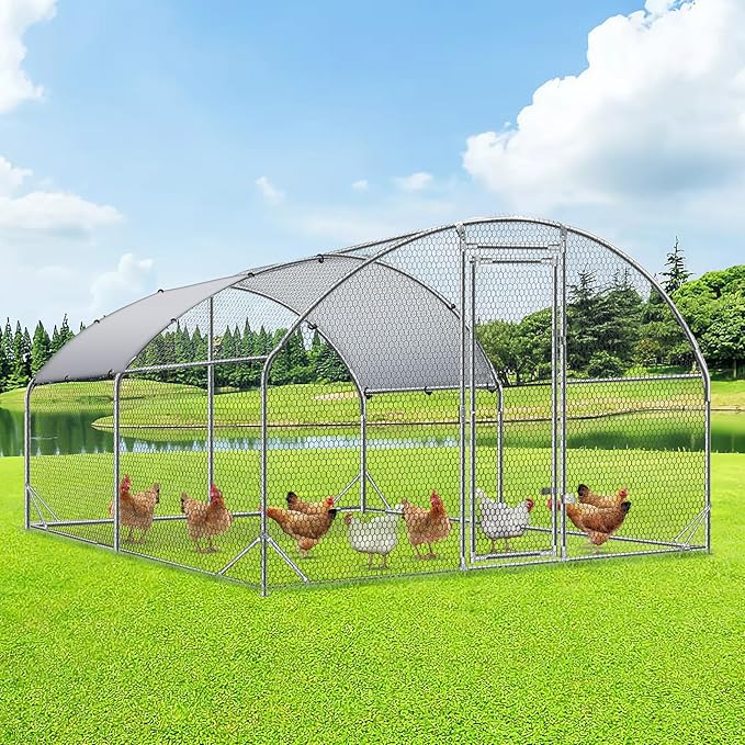 4ever2buy Large Metal Chicken Coop with Run Walk-in Poultry Cage Chicken Runs House Pen Cage Dome Roofed Chicken Coops with Anti-Ultraviolet Cover for Outdoor Yard Farm Use 9.5'W x 12.9'L x 6.3'H-PawvioPets