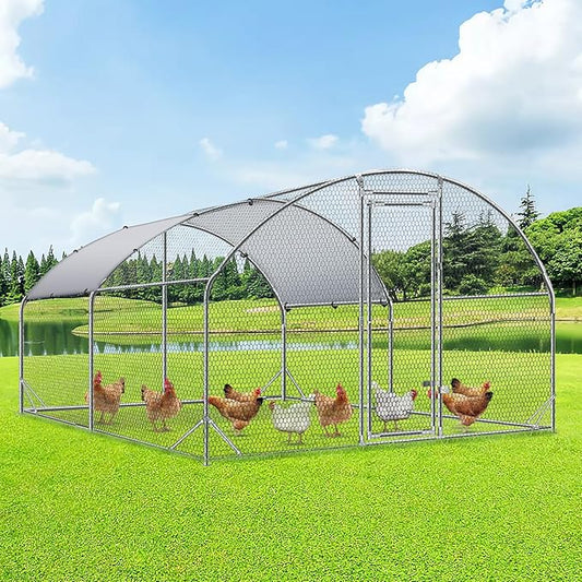 4ever2buy Large Metal Chicken Coop with Run Walk-in Poultry Cage Chicken Runs House Pen Cage Dome Roofed Chicken Coops with Anti-Ultraviolet Cover for Outdoor Yard Farm Use 9.5'W x 12.9'L x 6.3'H-PawvioPets