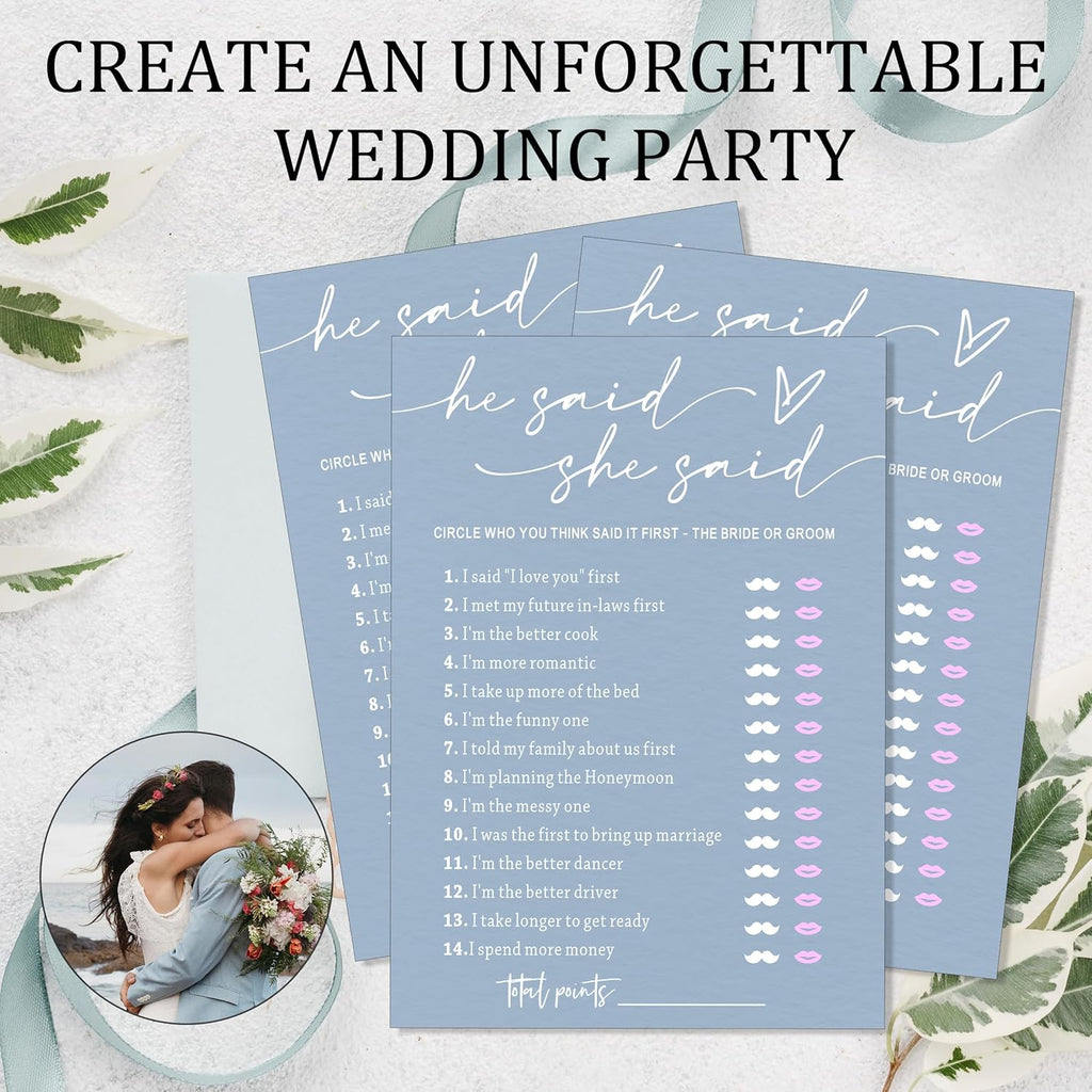 Fun Bridal Shower Games – He Said She Said Game with Fun Bride and Groom Trivia, Wedding Shower Activity Game and Favors for 25 Guests, Minimalist Blue Wedding Party Supplies - B09