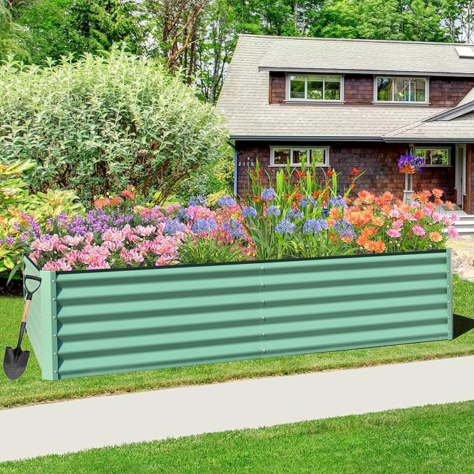 Domi Raised Garden Beds Outdoor, 6x3x1.5Ft Thickening Tall Metal Rectangular Deep Root Box Planter for Vegetables, Flowers, Herbs, and Succulents 1.5" Deep w/ 192 Gallon Capacity - Green-PawvioPets
