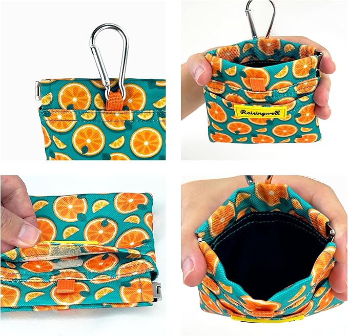 Dog Treat Pouch,Cotton Pocket Sized Training Holder, Hand Free Walking Funny Bag with Carabiner, Self-Closing Pet Feed Snack Reward, Behavior Aids for Puppy Travel or Outdoor Use（Fruit Orange）-PawvioPets