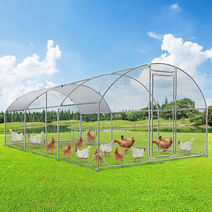 4ever2buy Large Metal Chicken Coop with Run Walk-in Poultry Cage Chicken Runs House Pen Cage Dome Roofed Chicken Coops with Anti-Ultraviolet Cover for Outdoor Backyard Farm Use 9.5'W x 19.3'L x 6.3'H-PawvioPets