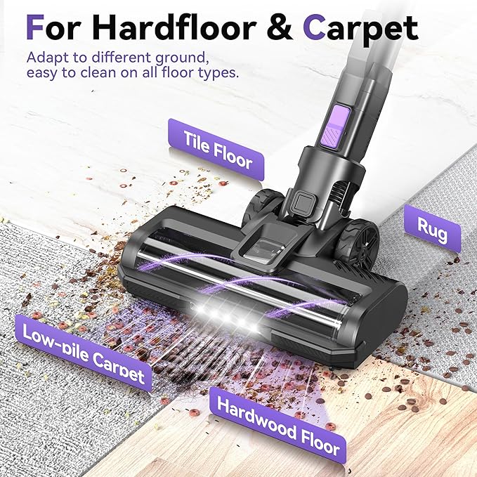 DEVOAC S10 Cordless Vacuum Cleaner, 45Kpa 50mins Lightweight Stick Vacuum with Powerful Suction for Home, Rechargeable, Self-Standing, Handheld Vacuum Cleaners for Hardwood Floors, Carpets Violet-PawvioPets