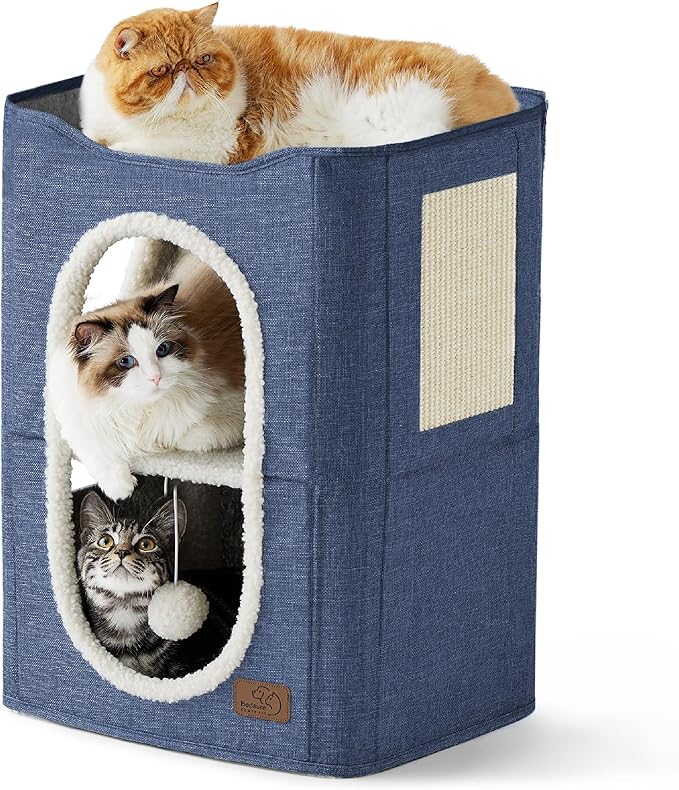 Bedsure 2 Story Cat House - Cat Condos for Indoor Cats with Scratch Pad and Fluffy Ball Hanging, Small Pet Cave Furniture Hideaway for Multi Pets, 18x14x23 inches, Blue-PawvioPets