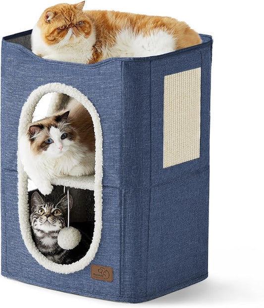 Bedsure 2 Story Cat House - Cat Condos for Indoor Cats with Scratch Pad and Fluffy Ball Hanging, Small Pet Cave Furniture Hideaway for Multi Pets, 18x14x23 inches, Blue-PawvioPets