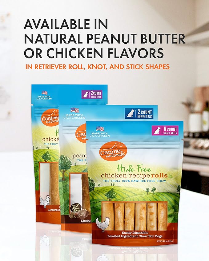 Canine Naturals Peanut Butter Chew - 100% Rawhide Free Dog Treats - Made with Real Peanut Butter - All-Natural and Easily Digestible - 2 Pack of 7 Inch Large Rolls for Dogs 50 lbs and up-PawvioPets