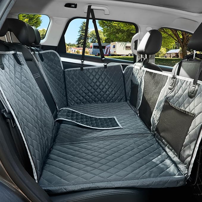 Back Seat Extender for Dog,Waterproof Hard Bottom Dog Car Seat Cover for Back Seat Protector,Foldable Camping Pet Hammock Bed,Easy Clean Travelling Accessories Car SUV Truck (Gray)-PawvioPets