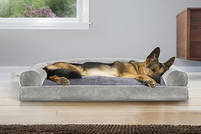 Furhaven Pillow Dog Bed for Large Dogs w/ Removable Bolsters & Washable Cover - Faux Fur & Velvet Sofa - Smoke Gray, Jumbo/XL-PawvioPets