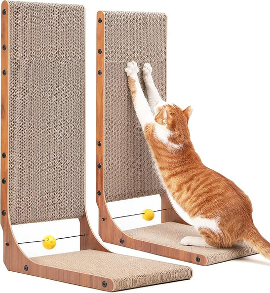 FUKUMARU Cat Scratcher, 26.8 Inch Cat Scratch Pad for Indoor Cats, L Shaped Cardboard Vertical Cats Scratching Board with Ball Toy, Walnut Color, 2 Packs-PawvioPets