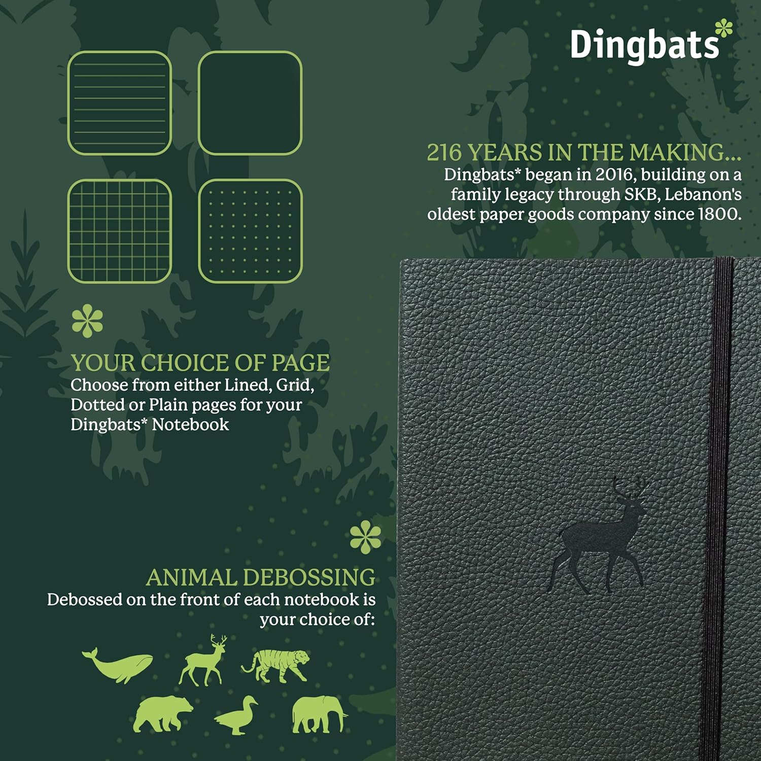 Dingbats* Wildlife Dotted Writing Journal Notebook A5 - Vegan Leather Softcover - Ideal for Work, Travel - Pocket, Elastic Closure, & Bookmark