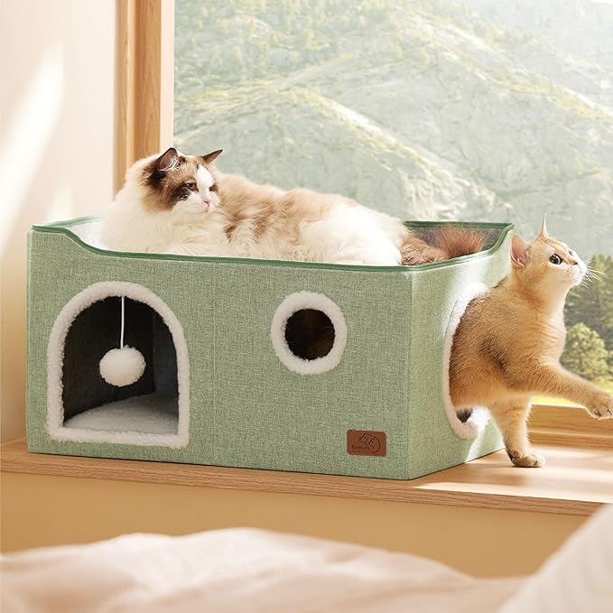 Bedsure Large Cat Beds for Indoor Cats - Extra Wide Cat Cube House for Small Pet with Fluffy Ball Hanging and Scratch Pad, Foldable Pet Cave Hideaway for Multiple Cats, 23.6x16.9x13 inches, Green-PawvioPets