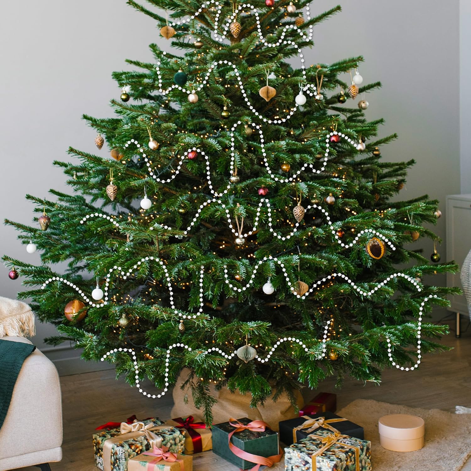 100 Feet White Christmas Tree Garland, Artificial Beads Strands Chain, Christmas Tree Decorations for DIY Xmas Tree Decorations Fireplace Balcony Home Party Decor