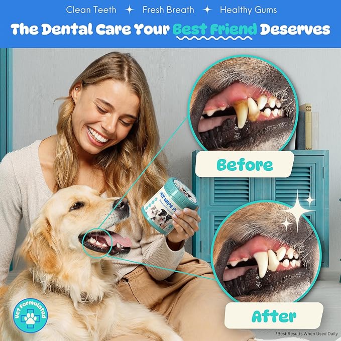 All-in-1 Dog Teeth Cleaning Wipes | Enzymatic Whitening + Premium Scrubbing Beads | No Mess, Pet Dental Wipes & Finger Tooth Brushing Kit | Plant-Based Dental Care for Cats & Dogs (60 Count)-PawvioPets