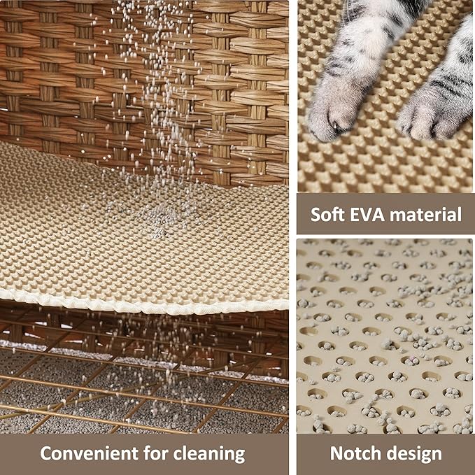 Cat Litter Box Enclosure with Soft Litter Mat; Hidden Cat Washroom Furniture with Door; Handwoven Rattan Cat House; Pet Crate for Living Room, Bedroom, Balcony (Natural)-PawvioPets