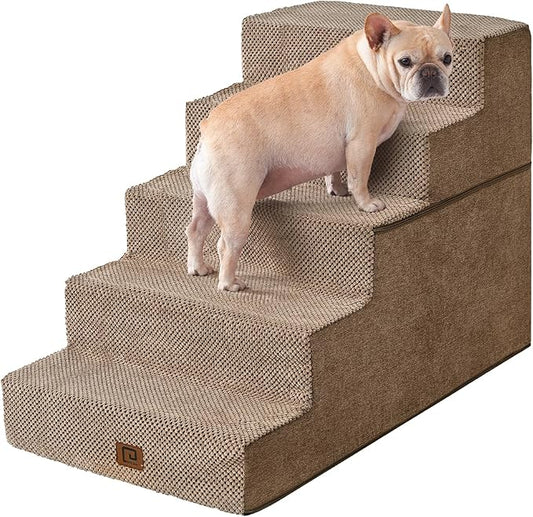 EHEYCIGA Dog Stairs for High Bed 25" H, 5-Step Extra Wide Dog Steps for Bed, Pet Steps for Small Dogs and Cats, Non-Slip Balanced Pet Ramp Indoor, Camel-PawvioPets