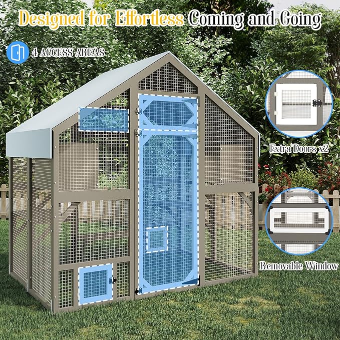 Cat Catio Outdoor Enclosure for Multiple Cats, Large Wooden Walk-in Cat House with Window Connection, 2 Condos, Platforms, Doors, and Weatherproof Roof Cover (69.5" L x 47" W x 71" H)-PawvioPets