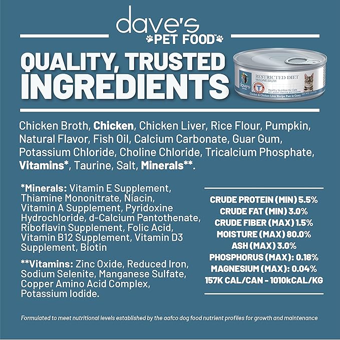 Dave's Pet Food Urinary Tract Cat Food Wet (Chicken Pate in Gravy), Non-Prescription Low Magnesium Restricted Diet Canned Cat Food, Added Vitamins, Vet Recommended, 5.5 oz (24 Pack)-PawvioPets