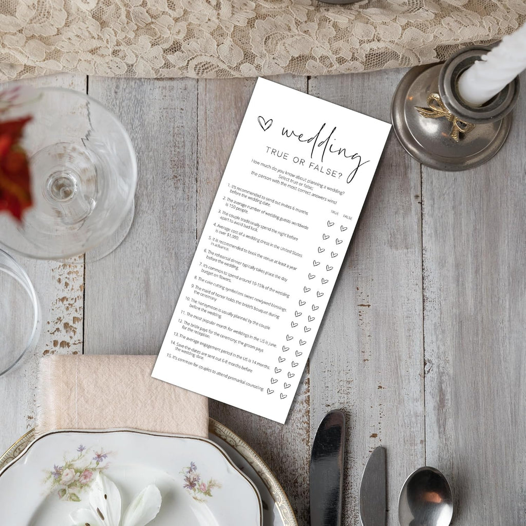 Bridal Shower Games, True or False, 25Pcs 4x9inch Minimalist White Double-Sided Bridal Game Cards with 1 Answer Key, Wedding Shower Games for Guests, Engagement Bachelorette Party Supplies - A07