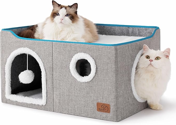Bedsure Large Cat Beds for Indoor Cats - Extra Wide Cat Cube House for Small Pet with Fluffy Ball Hanging and Scratch Pad, Foldable Pet Cave Hideaway for Multiple Cats, 23.6x16.9x13 inches, Grey-PawvioPets