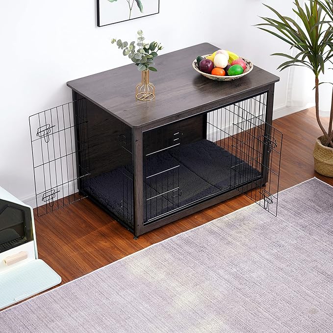 DWANTON Dog Crate Furniture with Cushion, Wooden Kennel Table with Double Doors, Indoor Dog House, Large Size, 38.5" L, Dark Gray-PawvioPets