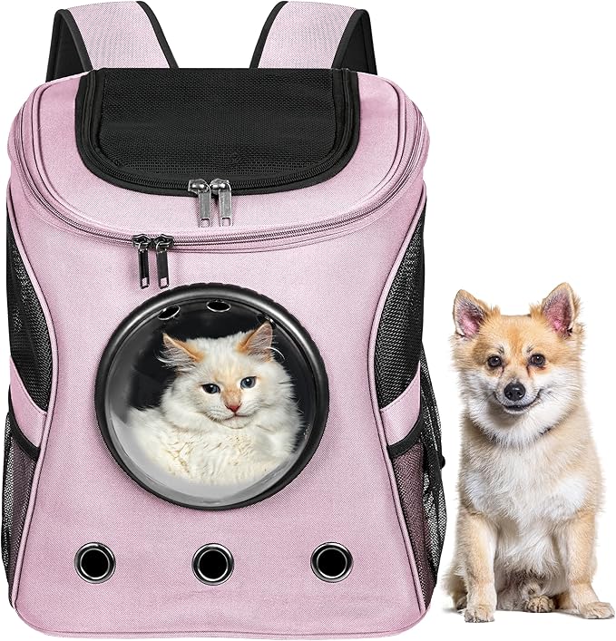 Cat Backpack Carrier, Airline Approved, Space Capsule Bubble Design, Ideal for Cats & Dogs up to 28-35 lbs, with Strong Straps, Safety Zippers, Mesh, Comfortable for Hiking & Travel (Pink)-PawvioPets