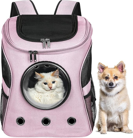 Cat Backpack Carrier, Airline Approved, Space Capsule Bubble Design, Ideal for Cats & Dogs up to 28-35 lbs, with Strong Straps, Safety Zippers, Mesh, Comfortable for Hiking & Travel (Pink)-PawvioPets