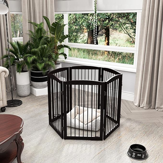 Freestanding Pet Gate for Dogs, Indoor Wooden Foldable Dog Gate for House, Extra Wide, Pet Fence for Stairs, Doorways, Halls, Support Feet Included, 120 Inch Wide, 6 Panels 32",Brown-PawvioPets
