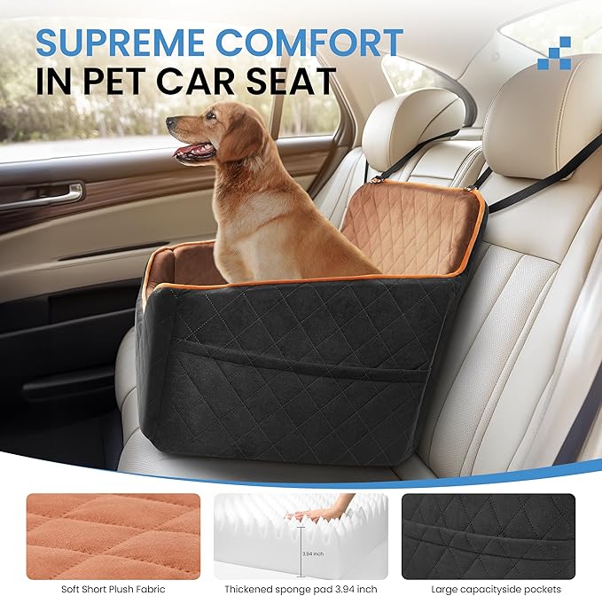 Dog Car Seat for Medium Dogs - Pet Car Seat with 2 Safety Straps & Waterproof Padding, Portable Pet Carrier for Cars, Trucks & SUVs, Comfortable Booster Bed for Pets Up to 55lbs (Black/Coffee)-PawvioPets