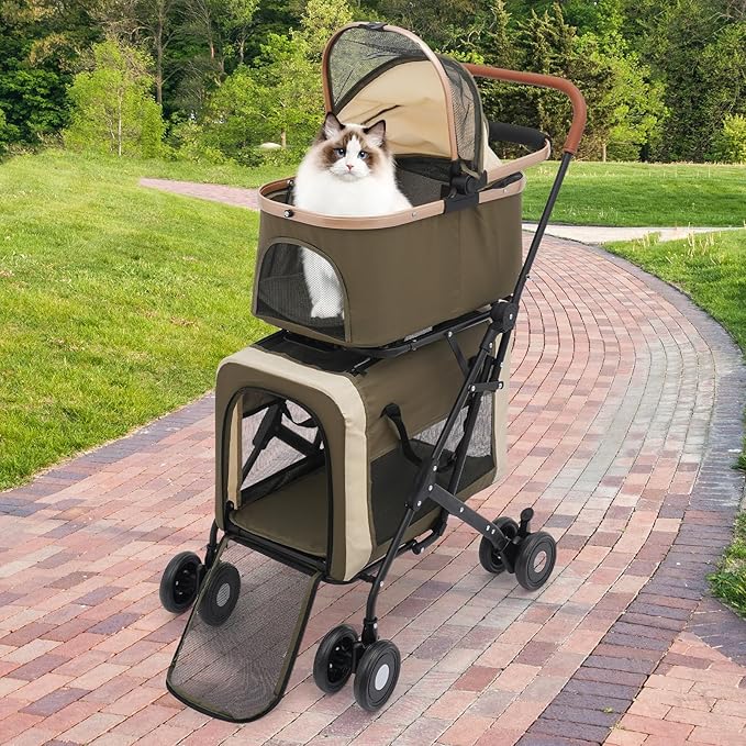 Double Pet Stroller with Detachable Carriers, Large Cat & Dog Stroller with 4 Wheels, Foldable Pet Strollers Small & Medium Dogs Cats 77lbs (Dark Green)-PawvioPets