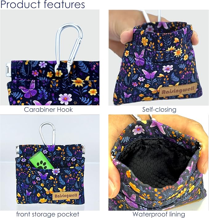 Dog Treat Pouch, Pocket Sized Pet Training Pouch, Cotton Fabric, Hand Free Purple Flower Dog Walking Bag with Carabiner, Self-Closing Pet Feed Snack Reward, for Puppy Travel or Outdoor Use-PawvioPets
