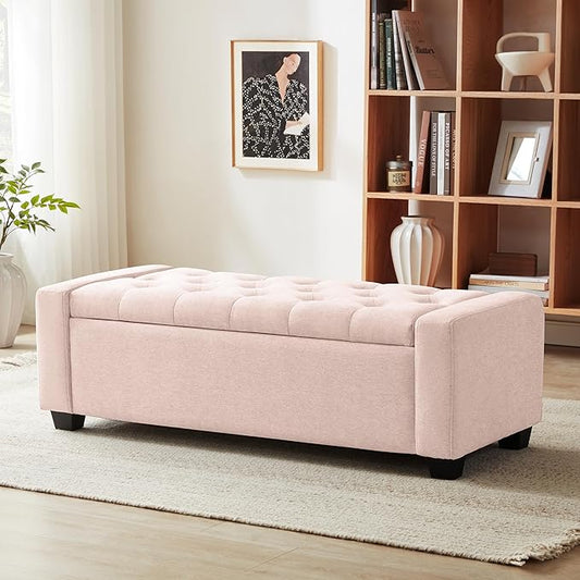 48" Ottoman with Storage, Pink Storage Ottoman Bench with Safety Hinge, Upholstered Entryway Bench with Seating for Bedroom, Living Room, Holds up to 330 lb-PawvioPets